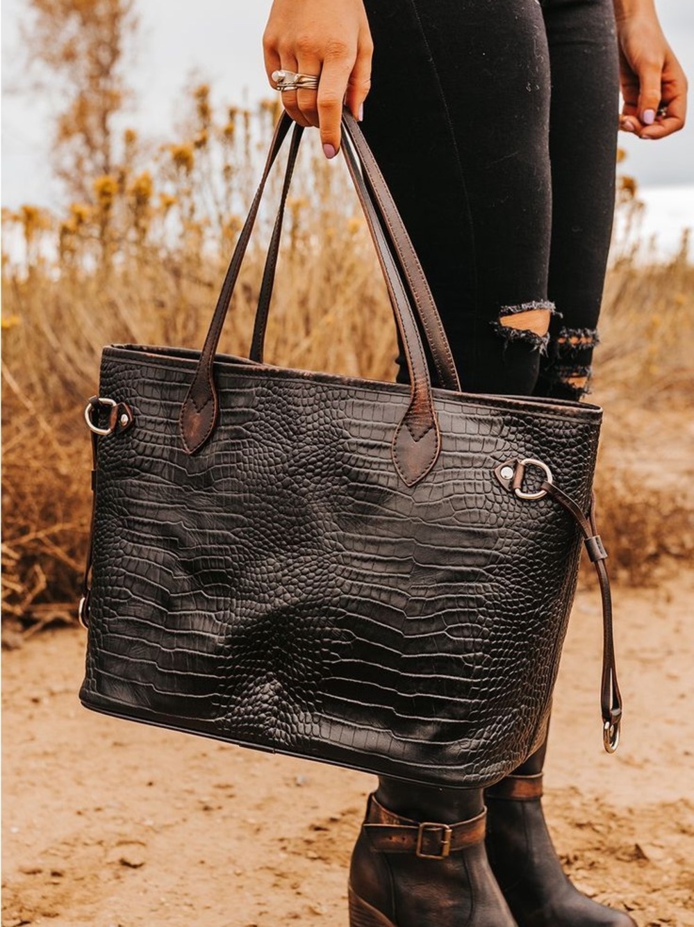 Freebird "Mara" Tote Bag in Black Croco